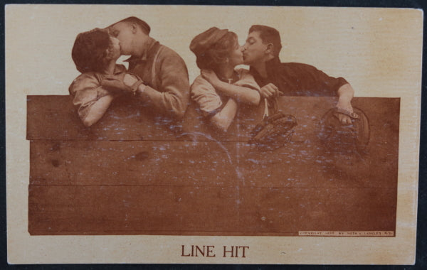 1910 USA postcard baseball, two couples kissing ‘LINE HIT’