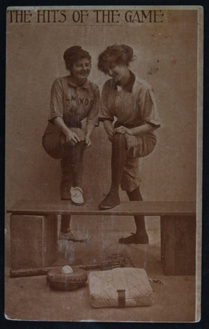 1910 USA postcard with women baseball players, ‘The Hits of the Game’