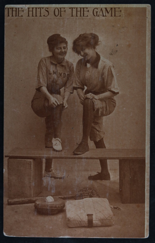 1910 USA postcard with women baseball players, ‘The Hits of the Game’ 1910 USA postcard with women baseball players, ‘The Hits of the Game’