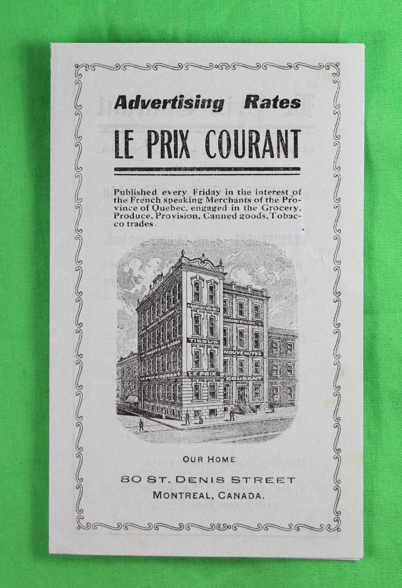 1910 advertising rates for ‘Le Prix Courant’ newspaper Montreal Qc