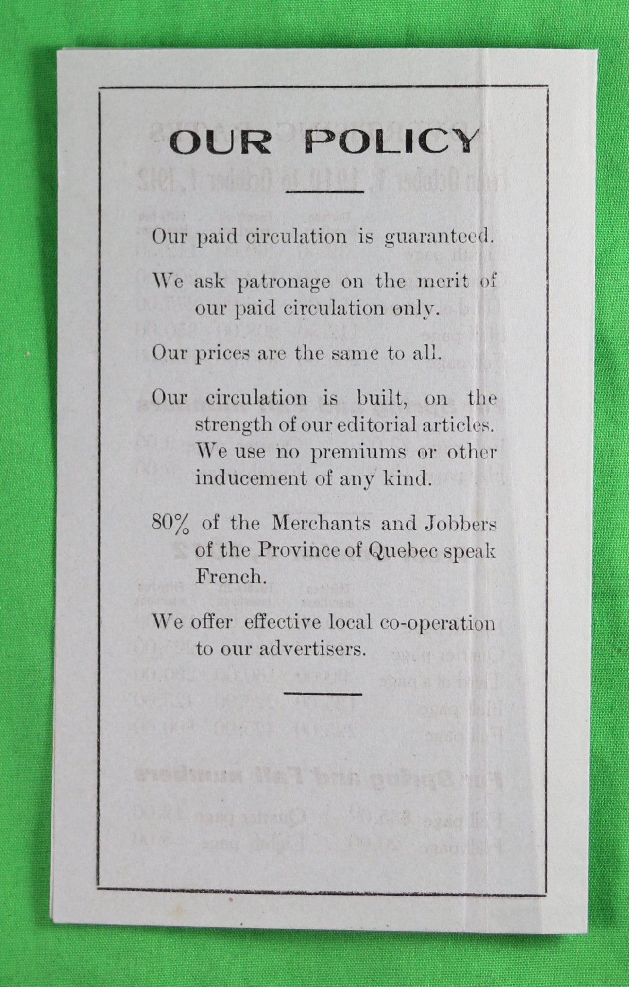 1910 advertising rates for ‘Le Prix Courant’ newspaper Montreal Qc