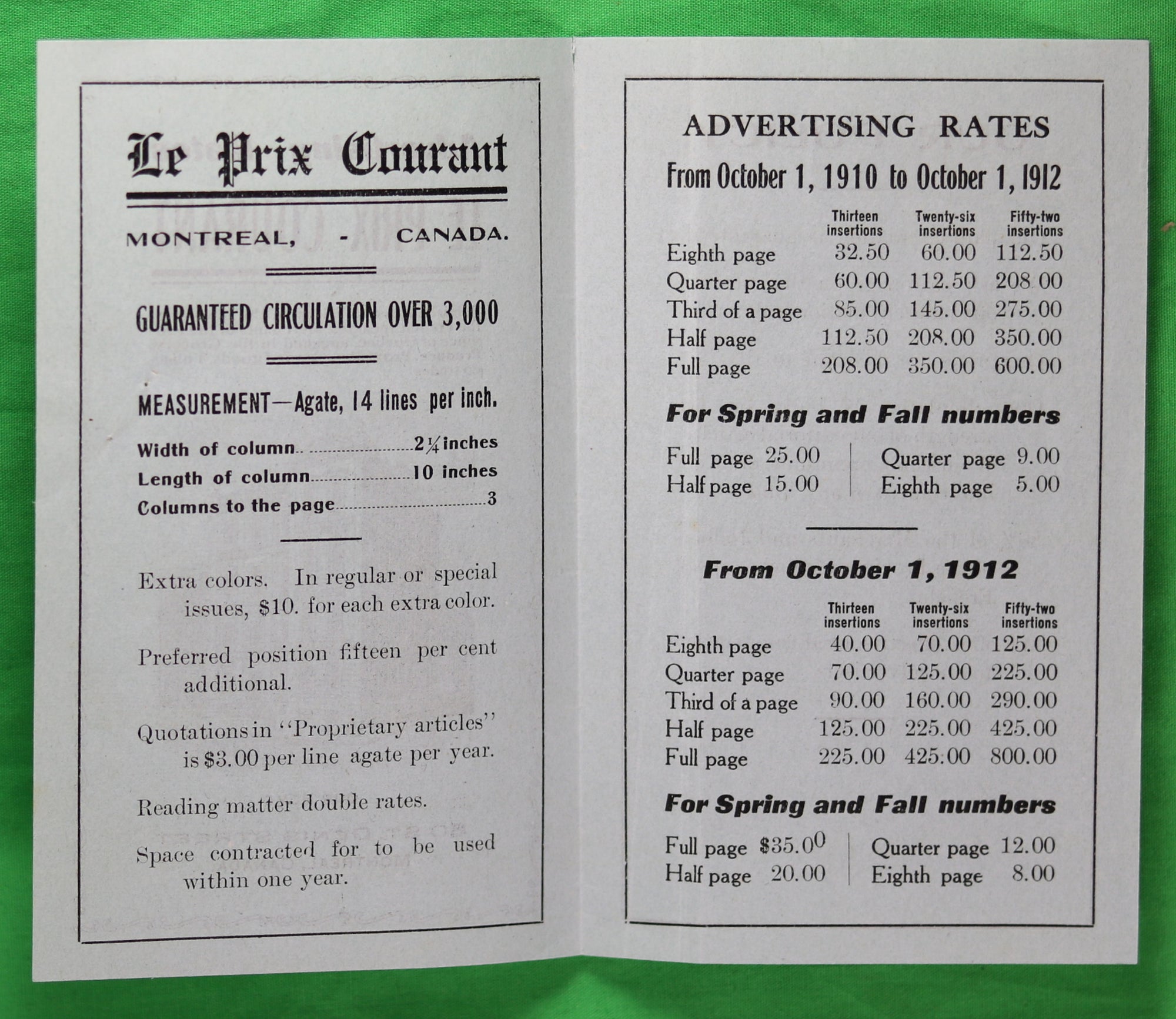 1910 advertising rates ‘Le Prix Courant’ newspaper Montreal Qc 1910 advertising rates ‘Le Prix Courant’ newspaper Montreal Qc