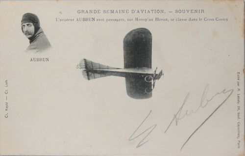 1910 carte postale photo autographe aviateur Aubrun, monoplan Blériot