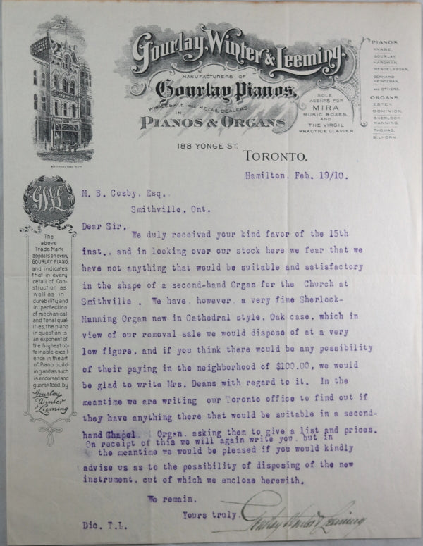 1910 illustrated letter from Gourlay Pianos, Hamilton Ontario