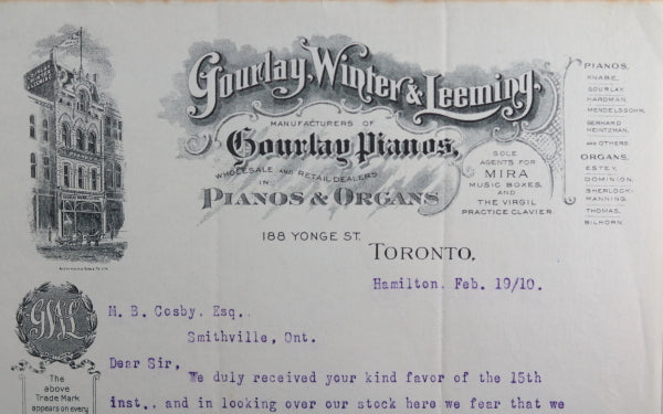 1910 illustrated letter from Gourlay Pianos, Hamilton Ontario