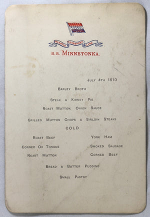 1910 menu card for S.S. Minnetonka transatlantic trip