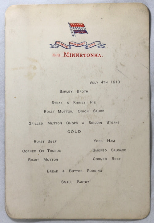 1910 menu card for S.S. Minnetonka transatlantic trip 1910 menu card for S.S. Minnetonka transatlantic trip