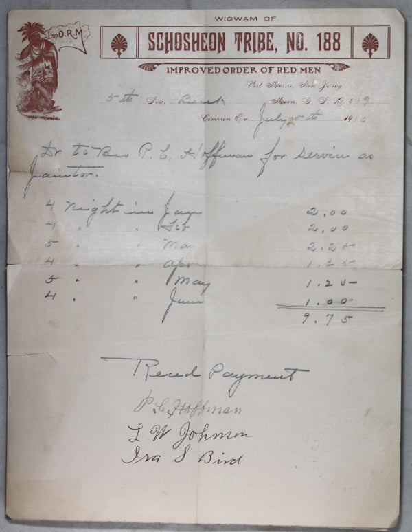 1910 receipt, Improved Order of Red Men, Schosheon Tribe #188 (N.J.)