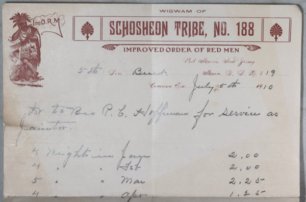 1910 receipt, Improved Order of Red Men, Schosheon Tribe #188 (N.J.)