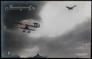 1910s German photo postcard planes flying over aerodrome in evening