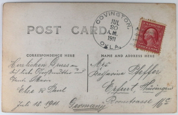 1911 USA photo postcard cars parked outside Hotel Pfeffer Covington OK