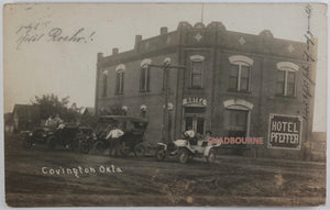 1911 USA photo postcard cars parked outside Hotel Pfeffer Covington OK