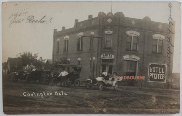 1911 USA photo postcard cars parked outside Hotel Pfeffer Covington OK 1911 USA photo postcard cars parked outside Hotel Pfeffer Covington OK