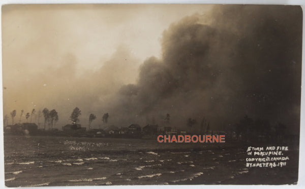 1911 RPPC photo postcard Great Fire approaching Porcupine Ontario