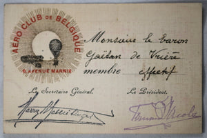 1911 carte de membre Aéro Club de Belgique