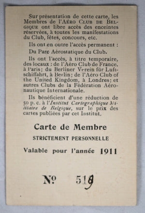 1911 carte de membre Aéro Club de Belgique