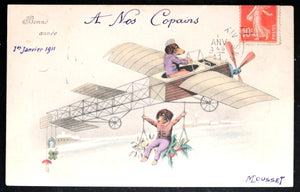 1911 carte postale Nouvel An illustrée, chiens teckels dans avion (France)