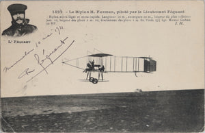 1911 carte poste photo avec autographe aviateur Féquant, biplan Farman