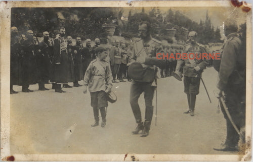 1911 photo postcard Tsar Nicholas II and son, military parade Peterhof