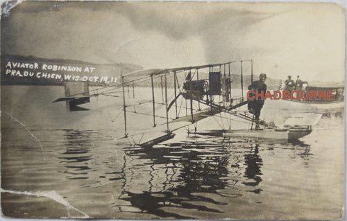 1911 photo postcard of a Curtiss Hydro-Airplane, Prairie du Chien WI