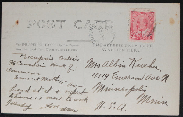 1911 photo postcard of dogsled team, Porcupine Ontario