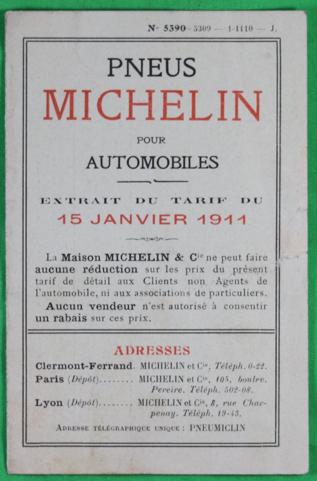 1911 pneus Michelin – extrait du tarif