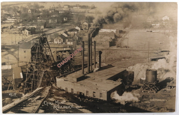 1912 USA photo postcard by Morris Masure of coal mine Roanoke IL