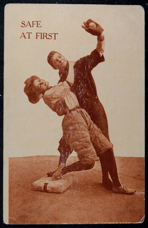 1912 USA postcard  baseball playing couple ‘Safe at First’