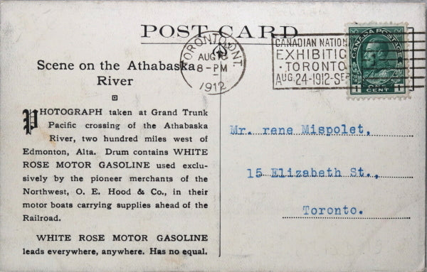 1912 Canada advertising postcard for White Rose gasoline & GTPR