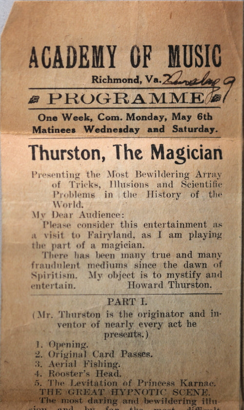 1912 Richmond VA handbill programme famous magician Howard Thurston