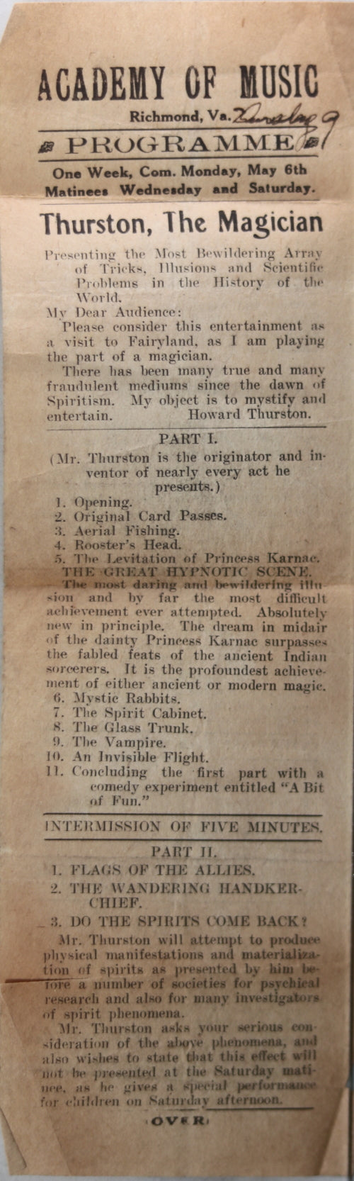 1912 Richmond VA handbill programme famous magician Howard Thurston