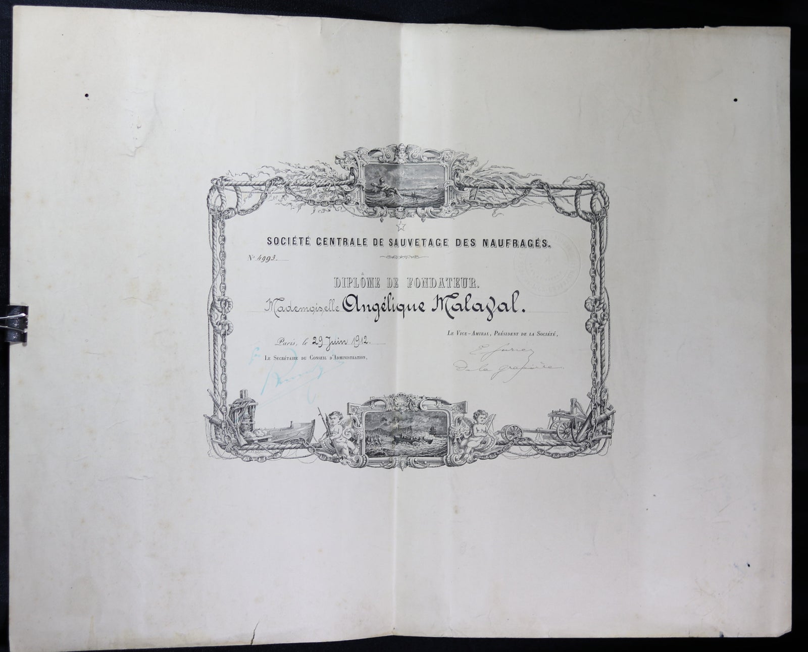 1912 Société Centrale de Sauvetage des Naufragés - Diplome de Fondateur