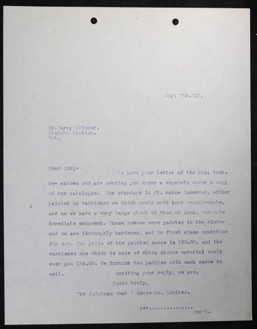 1912 request for canoe catalog from Muskoka Station Ontario (Canada)