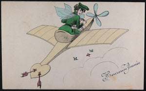 1913 France carte postale nouvel an avec aviatrice sur monoplan