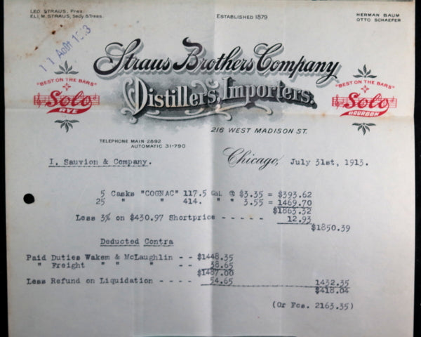 1913 USA Strauss Bros. letterhead commercial letter to Cognac France