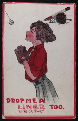 1913 USA humorous baseball postcard 'Drop me a liner too'