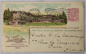 1913 CPR shareholder postcard with image of The Chalet Lake Louise