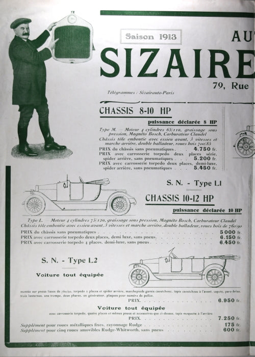 1913 France dépliant, publicité autos Sizaire & Naudon, Heinz, A.V.