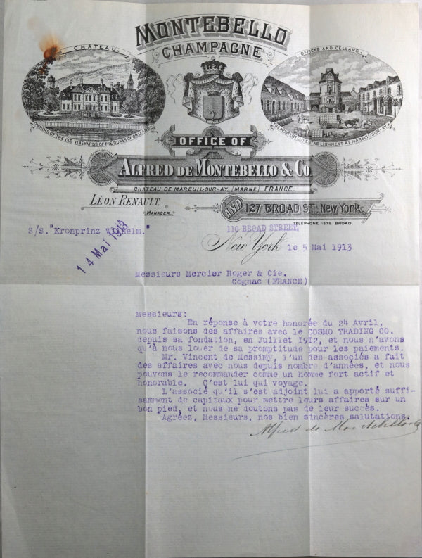 1913 NYC letter with large Montebello Champagne letterhead