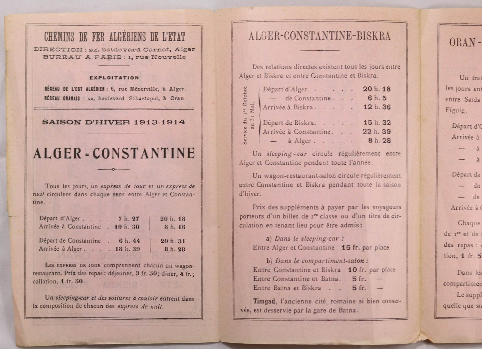 1913 chemins de Fer algériens de L’État – itinéraires et tariffs