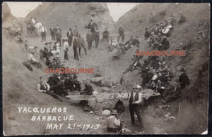 1913 photo postcard livestock herders (Vaqueros) having BBQ
