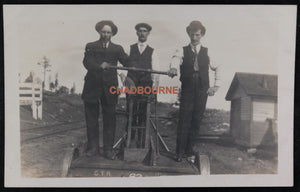 1913 photo postcard men on GTR railway handcar, Algonquin Park (Ont.)