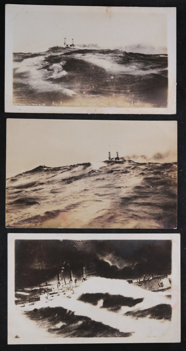 1913 set of three photo postcards USS Vermont in rough Mediterranean