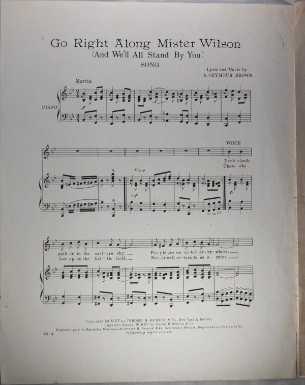 1914-5 two song sheets supporting President Wilson’s Anti-War stance