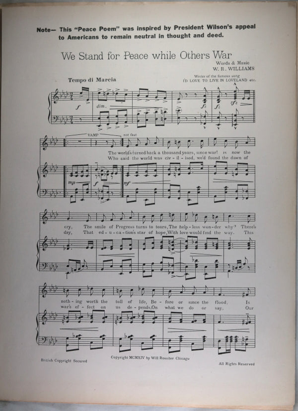 1914-5 two song sheets supporting President Wilson’s Anti-War stance