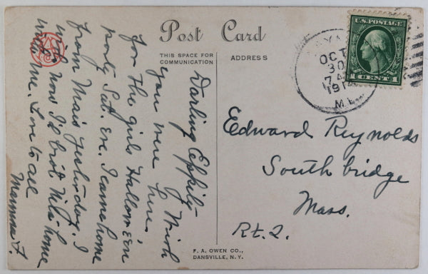 1914 USA Halloween postcard with owls sitting on a crescent moon