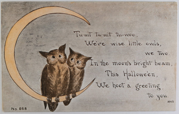 1914 USA Halloween postcard with owls sitting on a crescent moon