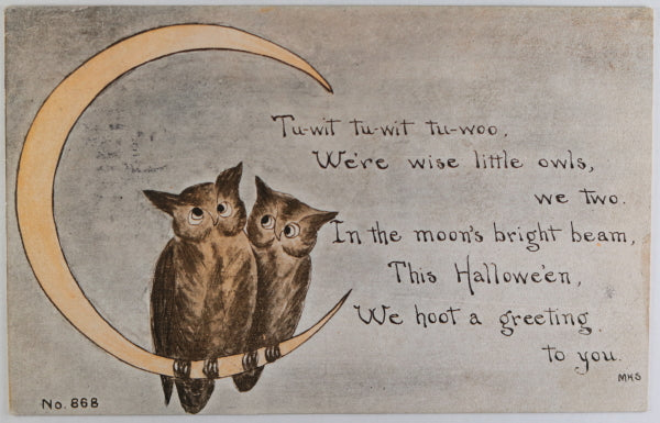 1914 USA Halloween postcard with owls sitting on a crescent moon