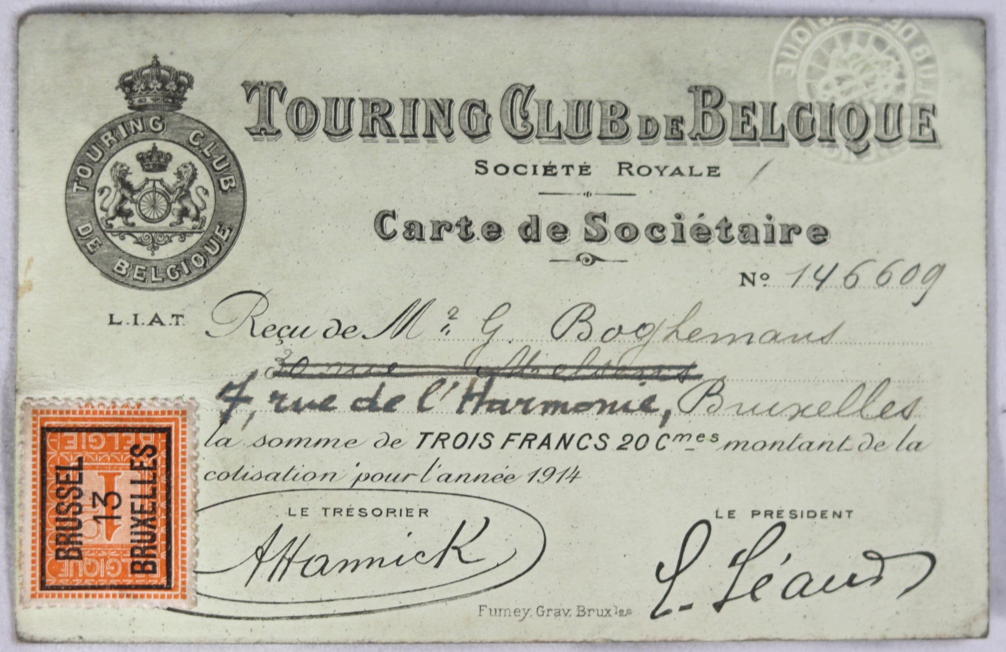 1914 Touring Club de Belgique, Carte de Societaire pour Boghemans