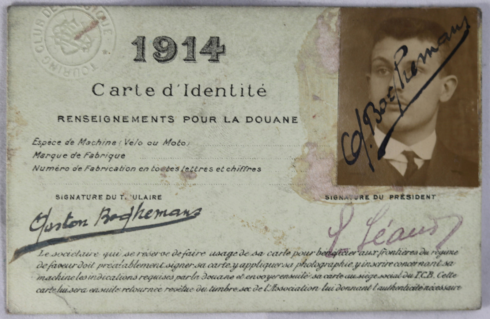 1914 Touring Club de Belgique, Carte de Societaire pour Boghemans